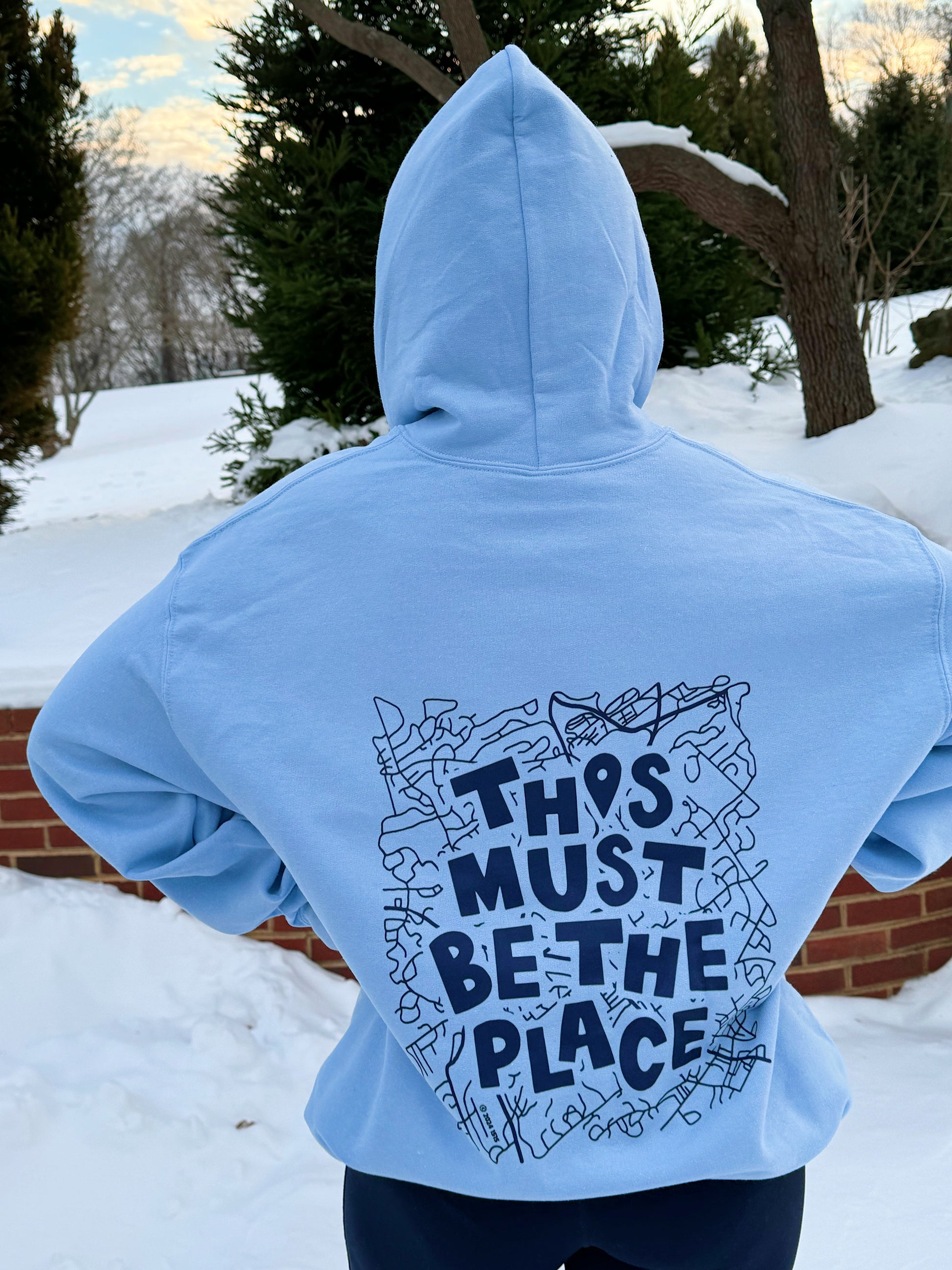 Light Blue Unisex Hoodie with Navy Writing. Ally is wearing a size large.